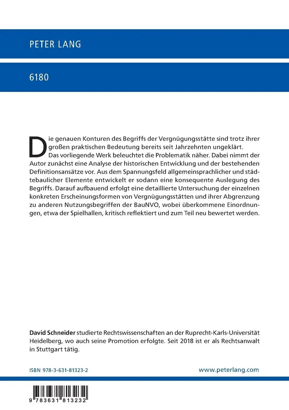 Rückseite: 9783631813232 | Der Begriff der Vergnügungsstätte im Sinne der BauNVO | Schneider