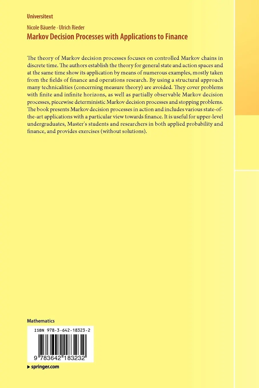 Rückseite: 9783642183232 | Markov Decision Processes with Applications to Finance | Taschenbuch