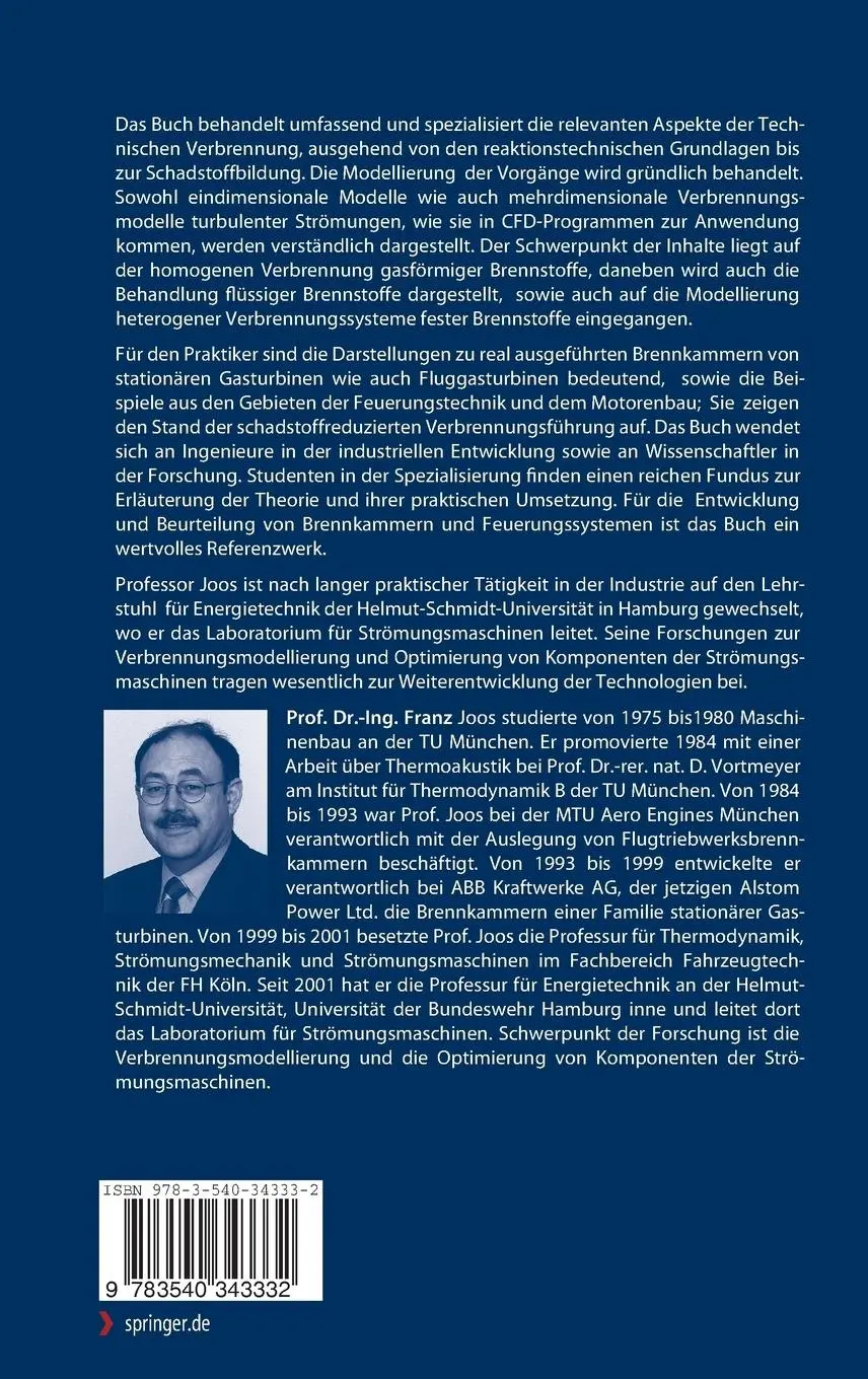 Rückseite: 9783540343332 | Technische Verbrennung | Franz Joos | Buch | xxvii | Deutsch | 2006