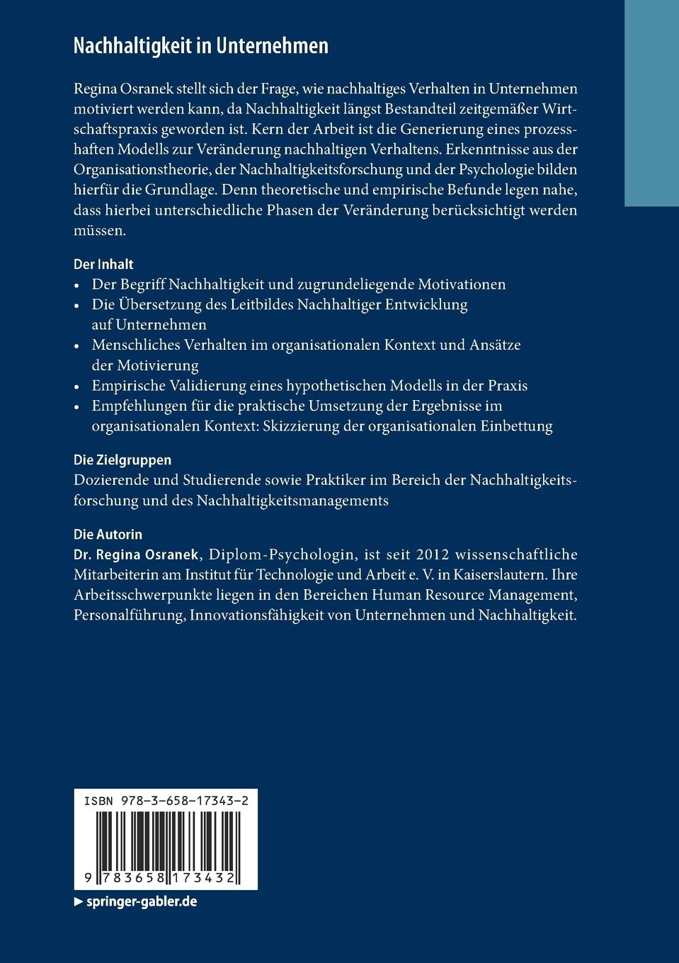 Rückseite: 9783658173432 | Nachhaltigkeit in Unternehmen | Regina Osranek | Taschenbuch | xv