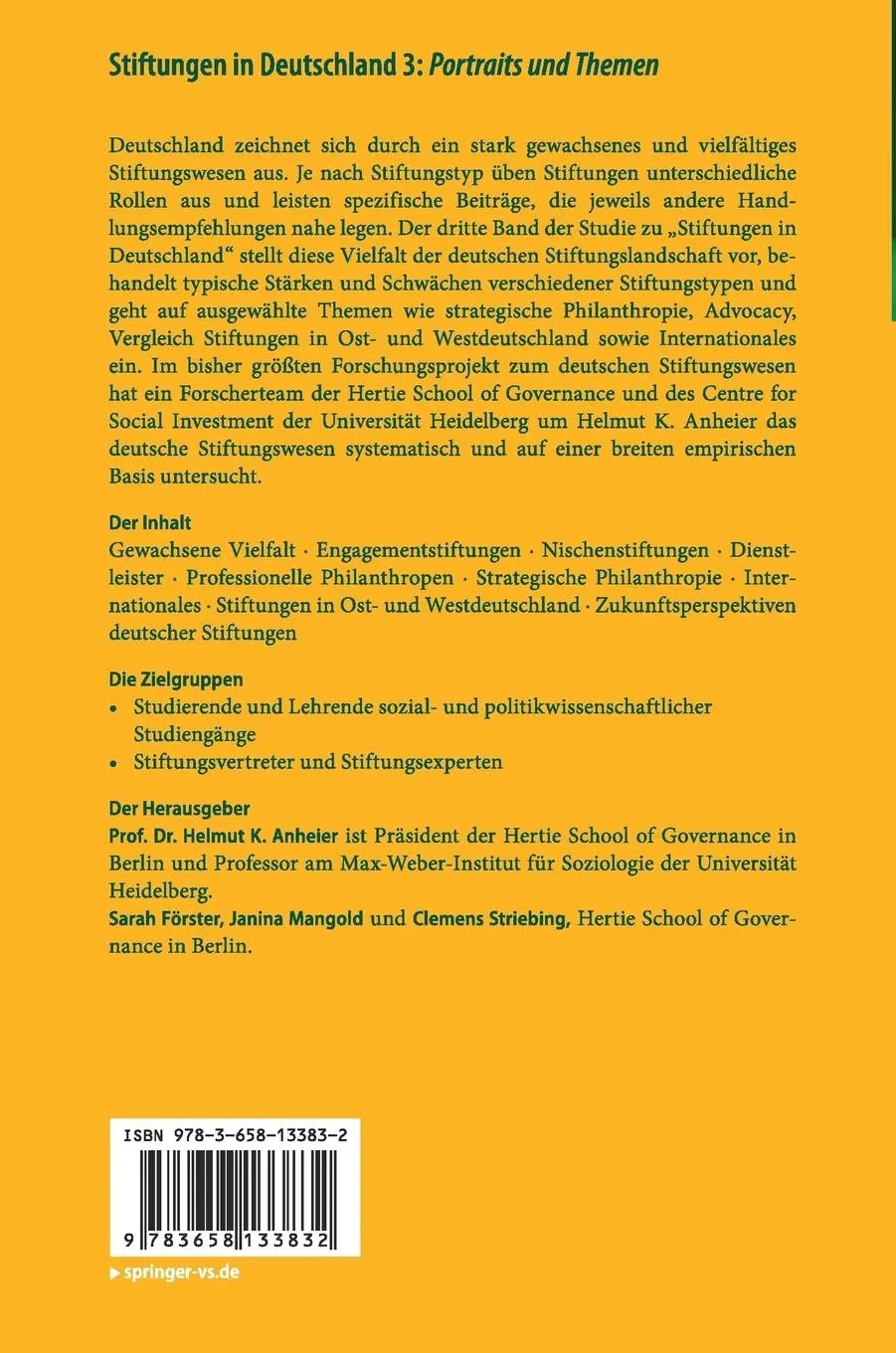 Rückseite: 9783658133832 | Stiftungen in Deutschland 3: | Portraits und Themen | Anheier (u. a.)