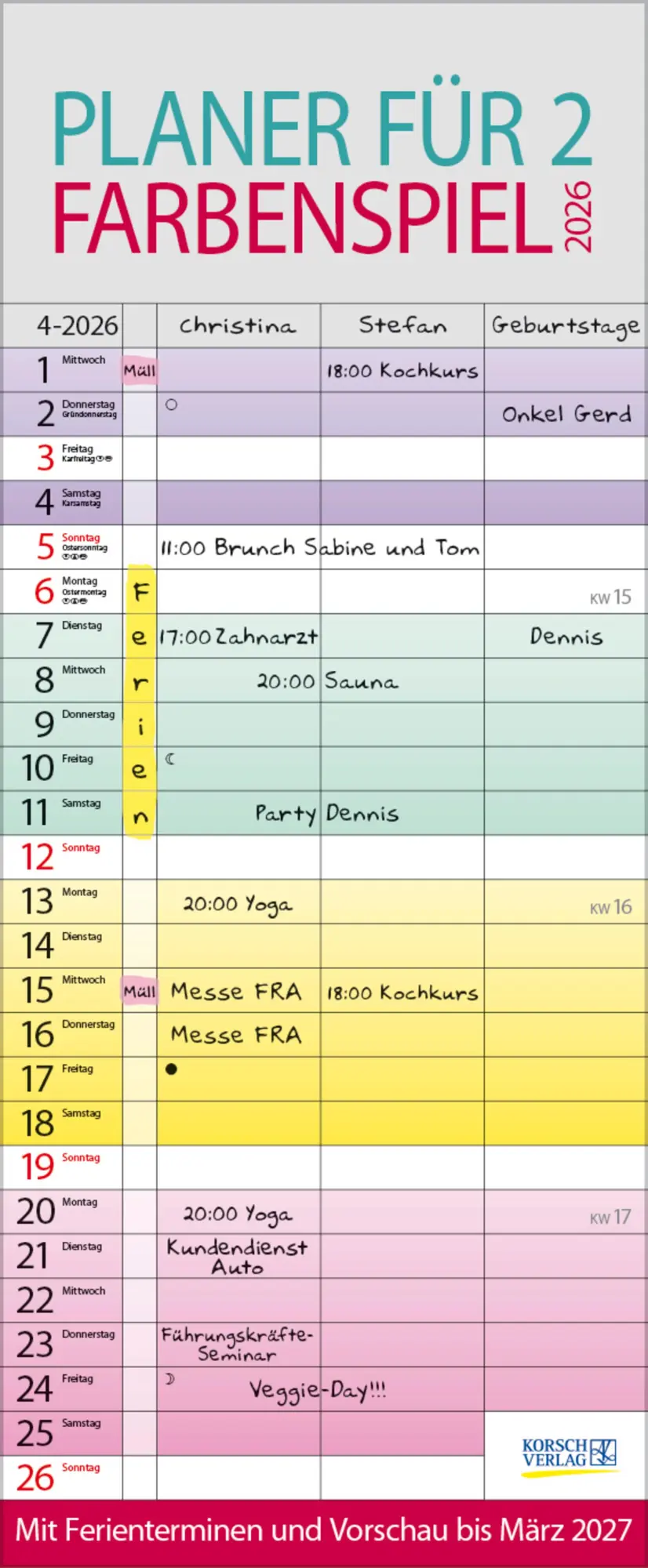 Cover: 9783731884132 | Farbenspiel - Planer für 2 2026 | Verlag Korsch | Kalender | 14 S.