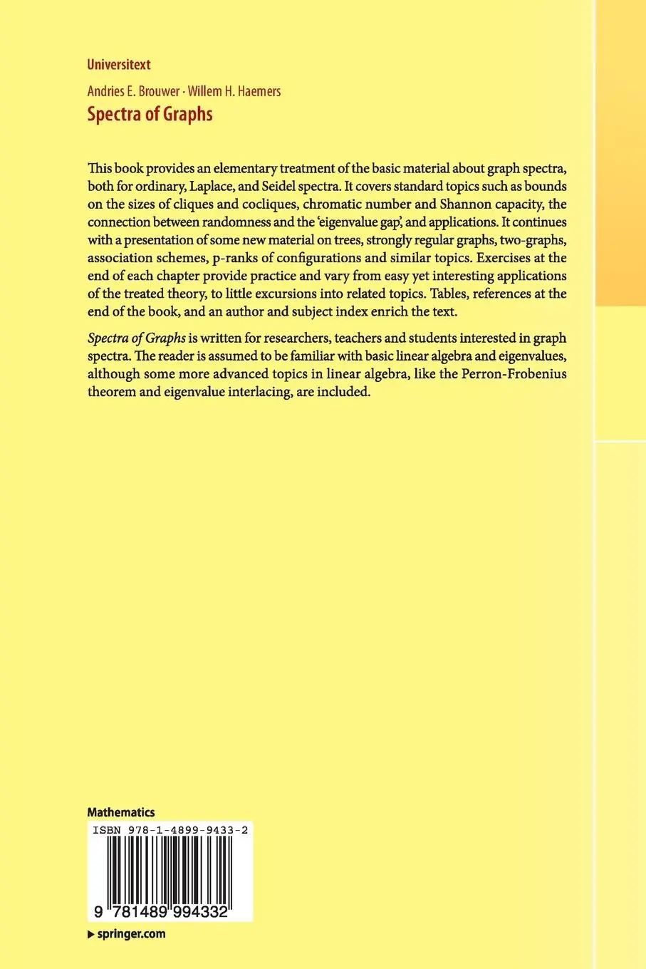 Rückseite: 9781489994332 | Spectra of Graphs | Willem H. Haemers (u. a.) | Taschenbuch | xiv