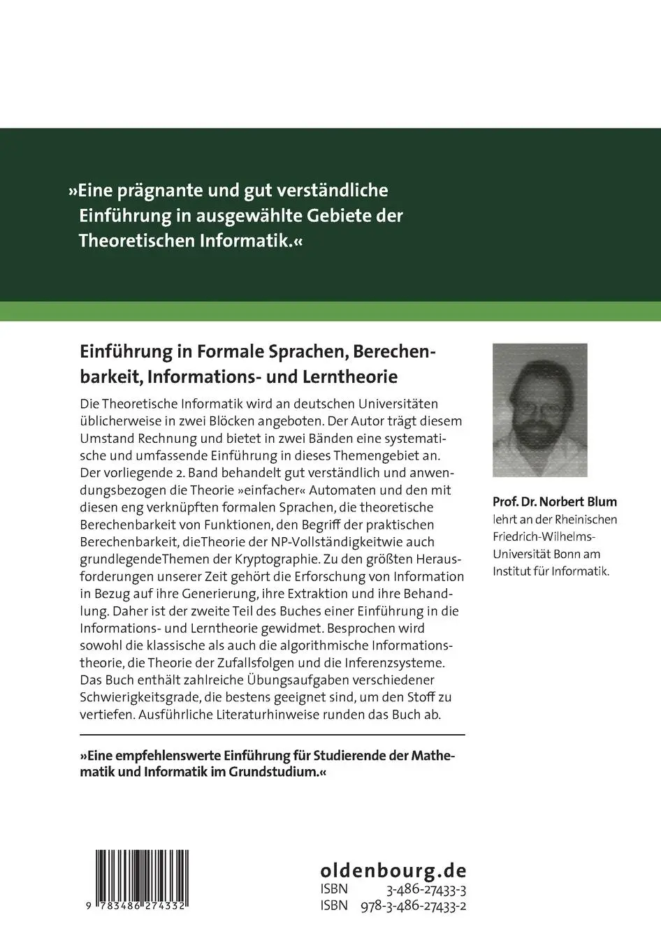 Rückseite: 9783486274332 | Einführung in Formale Sprachen, Berechenbarkeit, Informations- und...