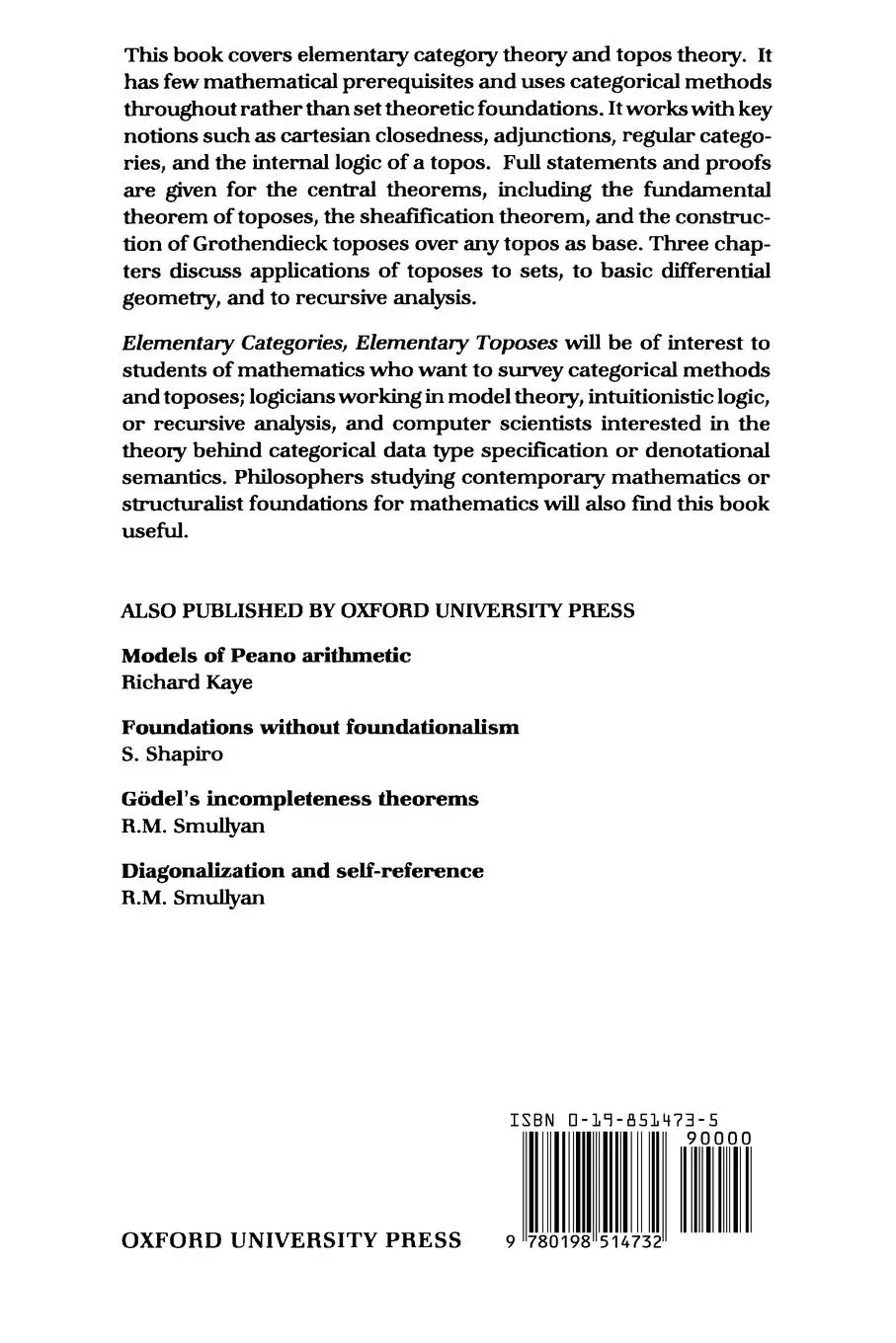 Rückseite: 9780198514732 | Elementary Categories, Elementary Toposes | Colin McLarty | Buch