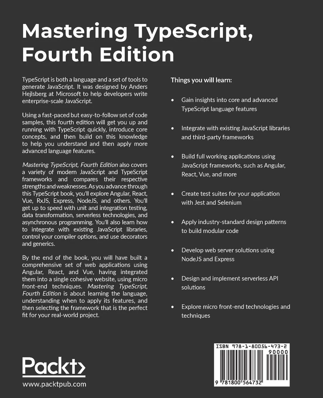 Rückseite: 9781800564732 | Mastering TypeScript - Fourth Edition | Nathan Rozentals | Taschenbuch