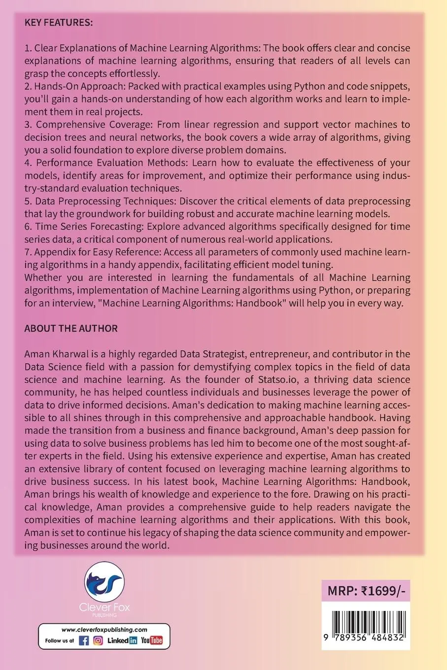 Rückseite: 9789356484832 | Machine Learning Algorithms | Handbook | Aman Kharwal | Taschenbuch