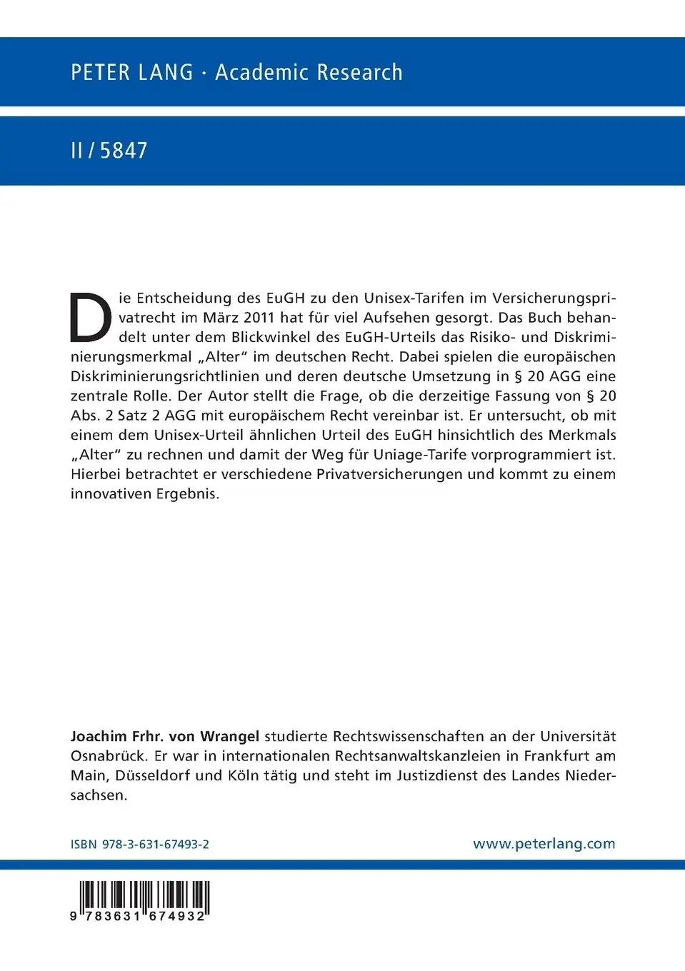 Rückseite: 9783631674932 | Altersdiskriminierung im Versicherungsprivatrecht? | Wrangel | Buch