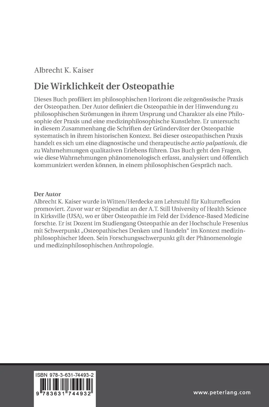 Rückseite: 9783631744932 | Die Wirklichkeit der Osteopathie | Albrecht Konrad Kaiser | Buch