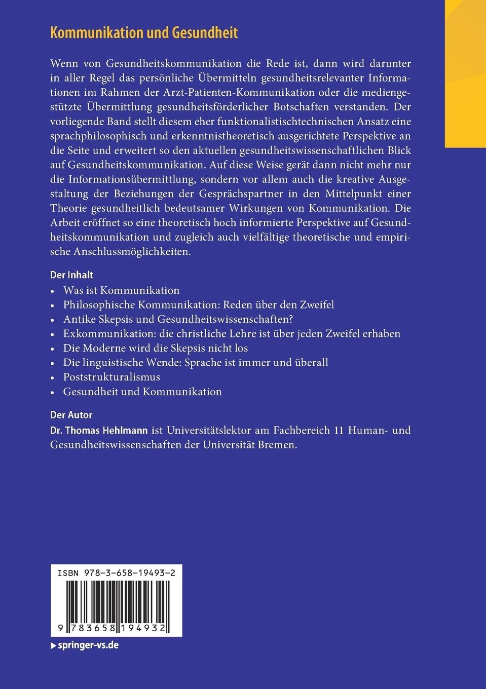 Rückseite: 9783658194932 | Kommunikation und Gesundheit | Thomas Hehlmann | Taschenbuch | vi