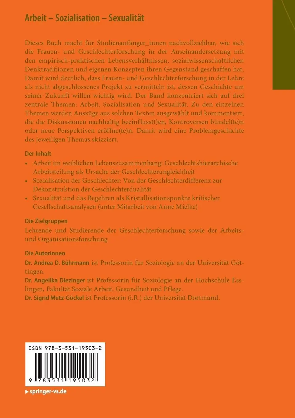 Rückseite: 9783531195032 | Arbeit - Sozialisation - Sexualität | Andrea D. Bührmann (u. a.) | xvi