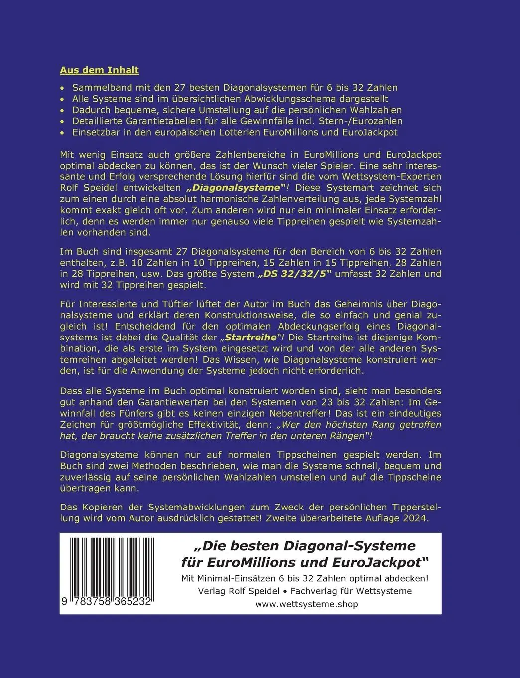 Rückseite: 9783758365232 | Die besten Diagonal-Systeme für EuroMillions und EuroJackpot | Speidel