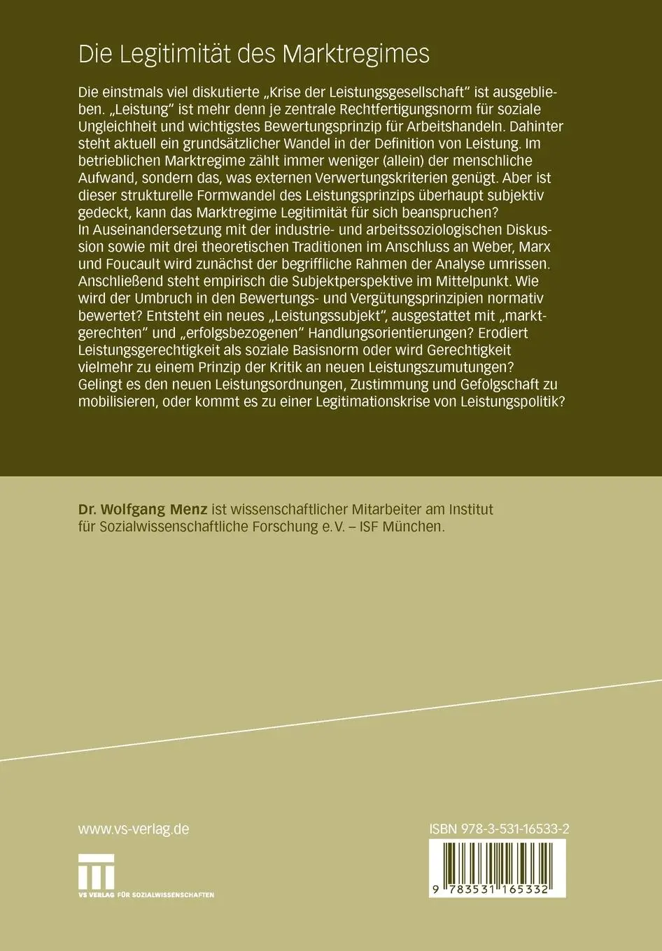 Rückseite: 9783531165332 | Die Legitimität des Marktregimes | Wolfgang Menz | Taschenbuch | 2009