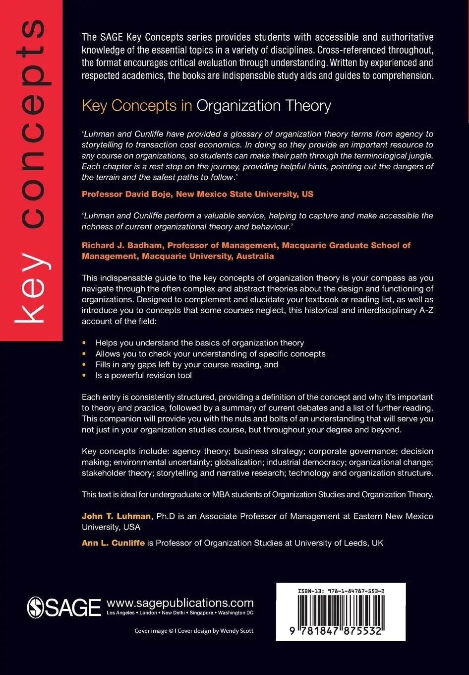 Rückseite: 9781847875532 | Key Concepts in Organization Theory | Ann L. Cunliffe (u. a.) | Buch