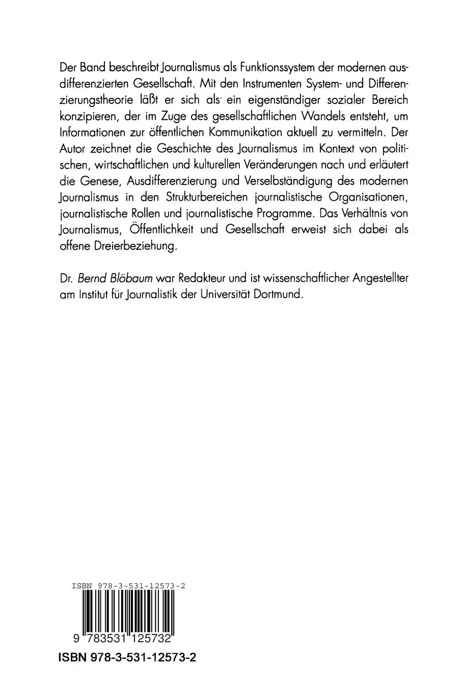 Rückseite: 9783531125732 | Journalismus als soziales System | Bernd Blöbaum | Taschenbuch | 1994