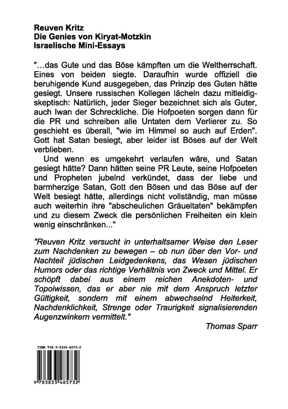 Rückseite: 9783833485732 | Die Genies von Kiryat Motzkin | Israelische Mini-Essays | Reuven Kritz