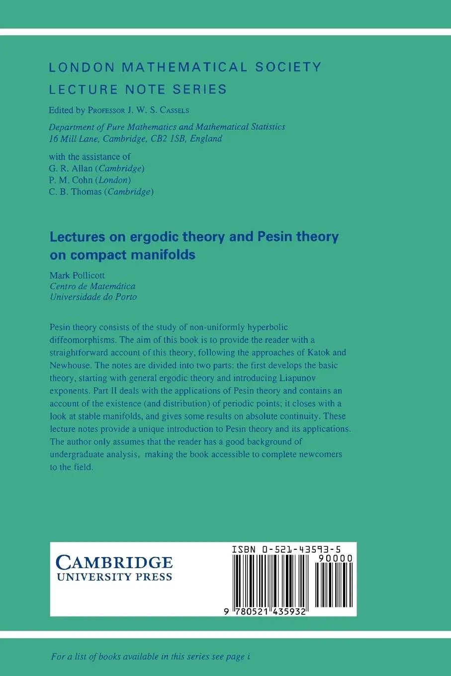 Rückseite: 9780521435932 | Lectures on Ergodic Theory and Pesin Theory on Compact Manifolds