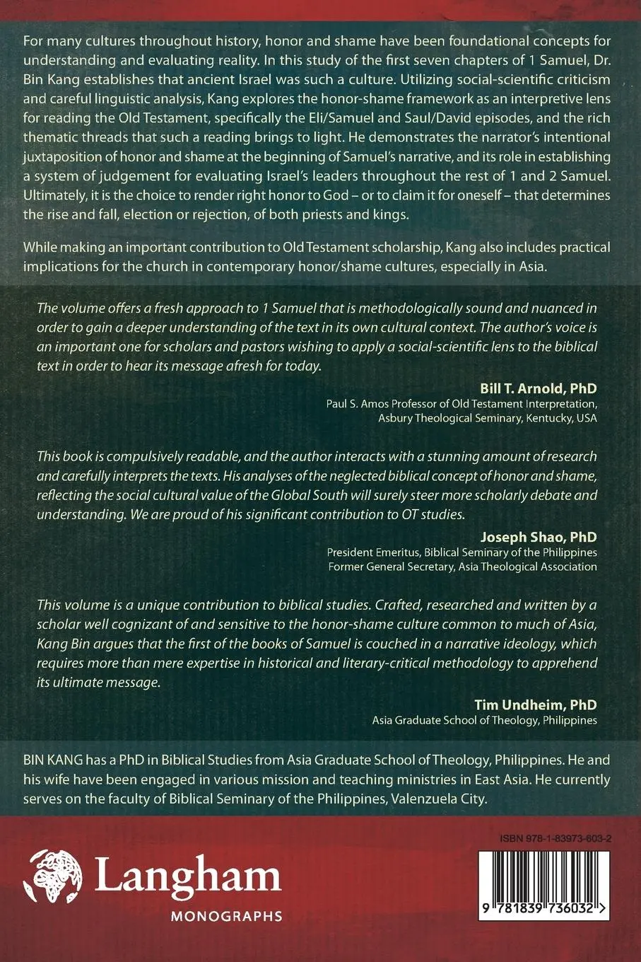 Rückseite: 9781839736032 | Honor and Shame in 1 Samuel 1-7 | Bin Kang | Taschenbuch | Englisch