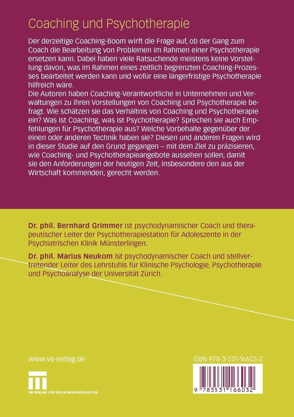 Rückseite: 9783531166032 | Coaching und Psychotherapie | Marius Neukom (u. a.) | Taschenbuch