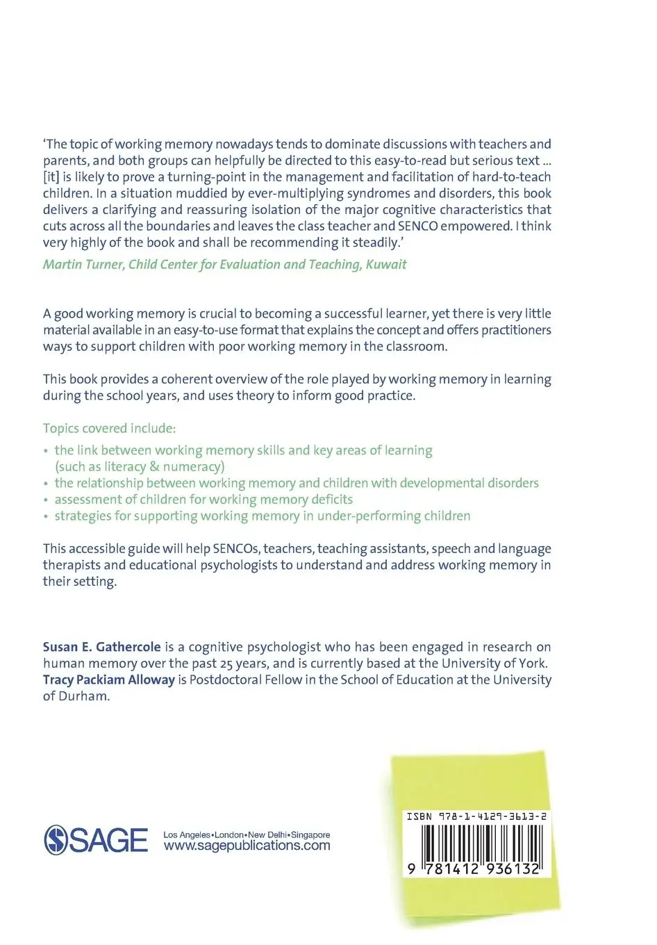 Rückseite: 9781412936132 | Working Memory and Learning | A Practical Guide for Teachers | Buch