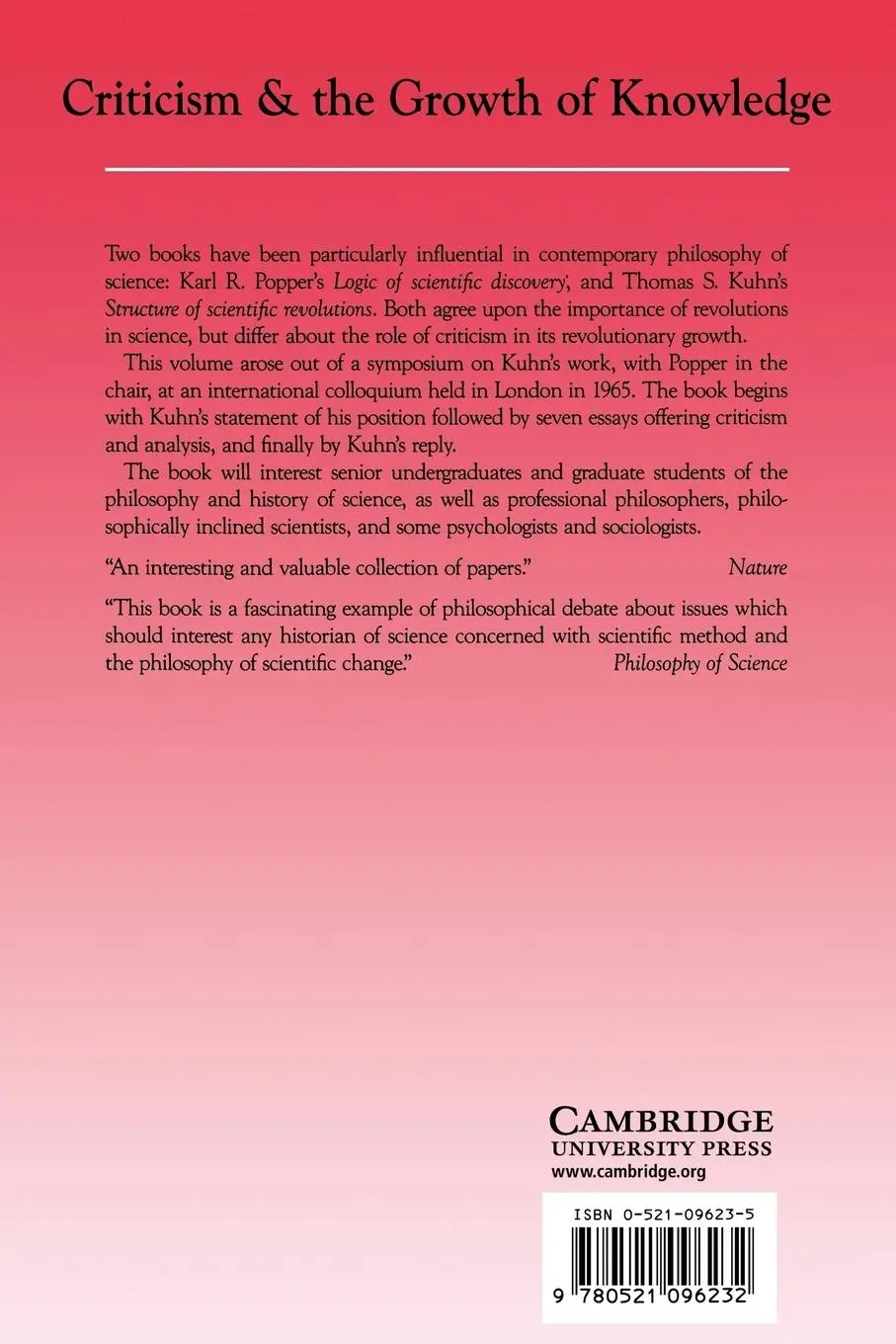 Rückseite: 9780521096232 | Criticism and the Growth of Knowledge | Imre Lakatos (u. a.) | Buch