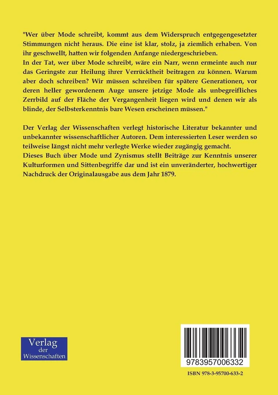 Rückseite: 9783957006332 | Mode und Zynismus | Friedrich Theodor Vischer | Taschenbuch | 120 S.