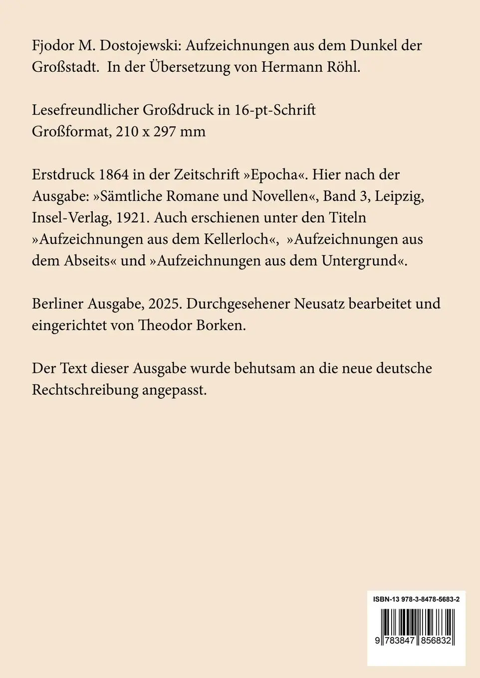Rückseite: 9783847856832 | Aufzeichnungen aus dem Dunkel der Großstadt (Großdruck) | Dostojewski