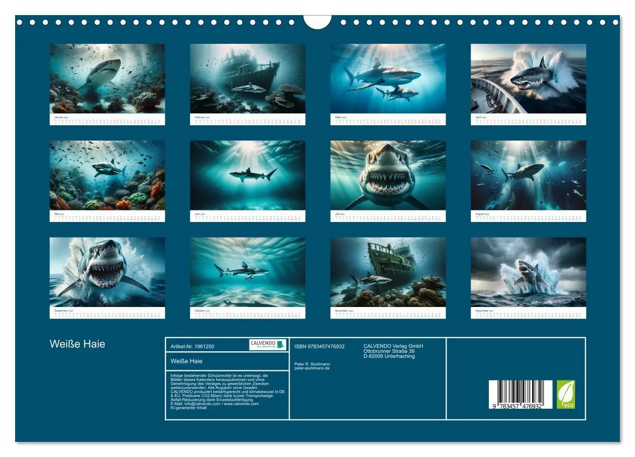 Bild: 9783457476932 | Weiße Haie (Wandkalender 2026 DIN A3 quer), CALVENDO Monatskalender