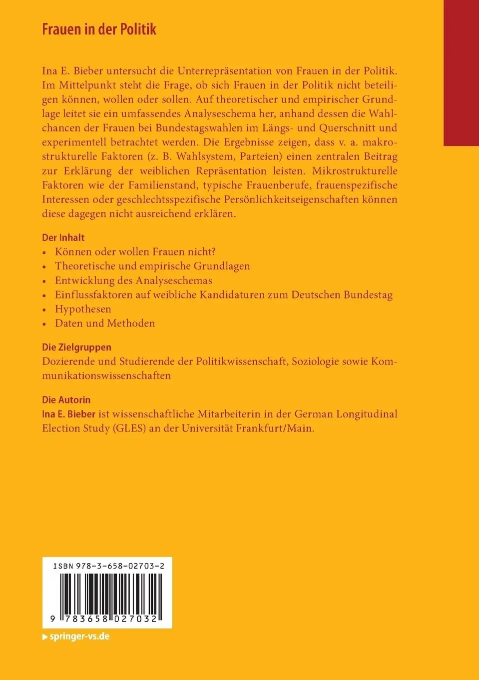 Rückseite: 9783658027032 | Frauen in der Politik | Ina E. Bieber | Taschenbuch | xviii | Deutsch