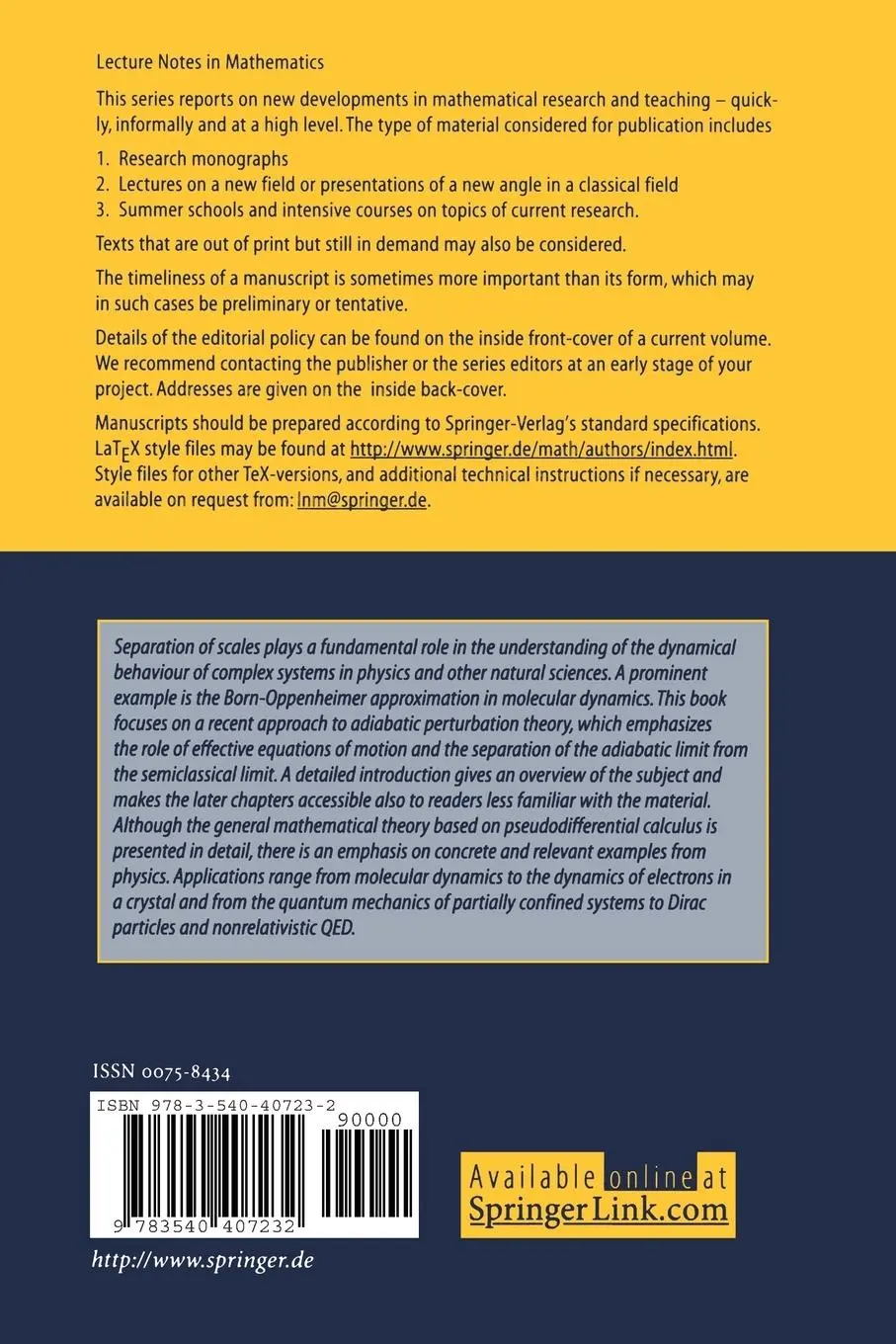 Rückseite: 9783540407232 | Adiabatic Perturbation Theory in Quantum Dynamics | Stefan Teufel