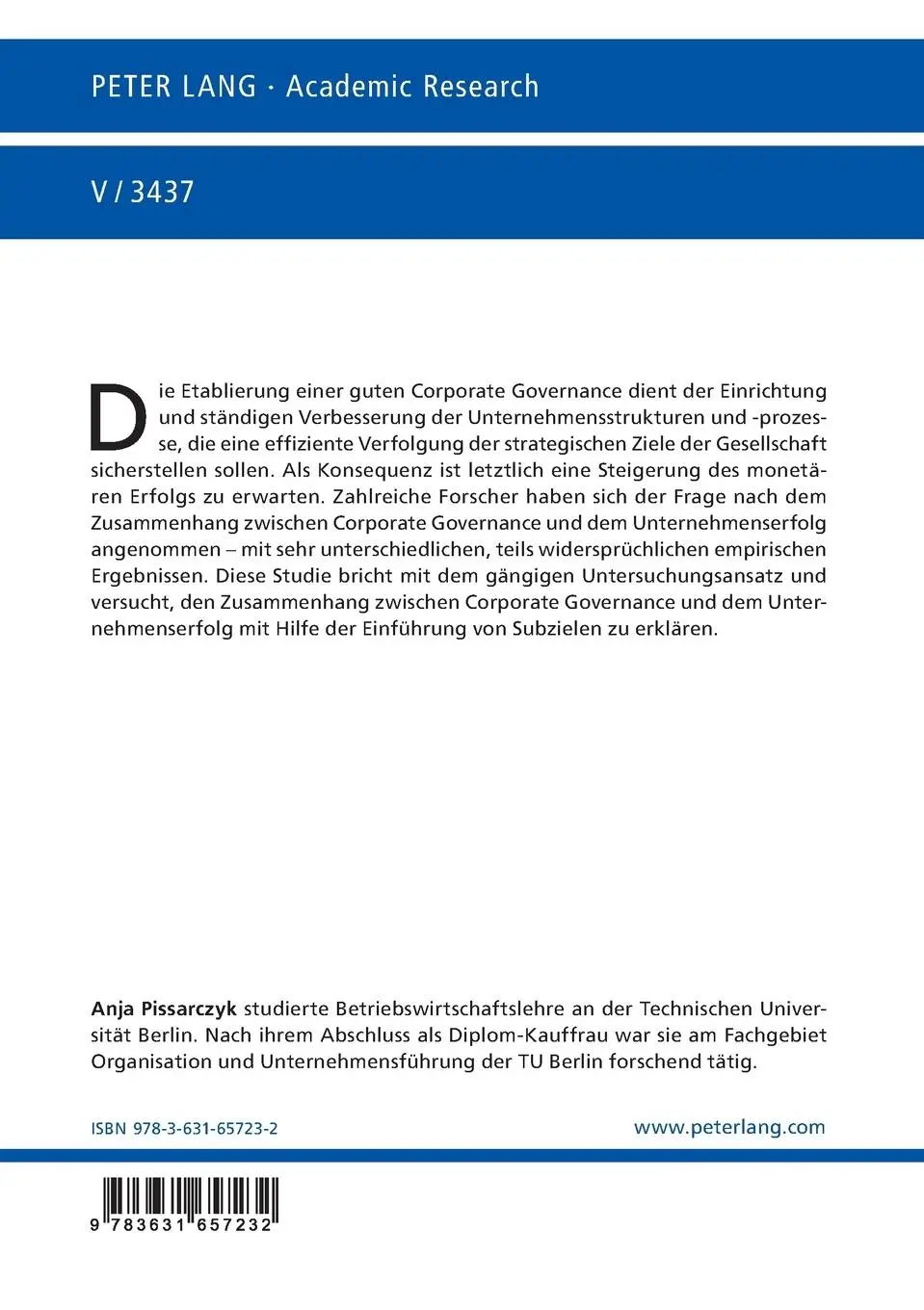 Rückseite: 9783631657232 | Corporate Governance und Unternehmenserfolg | Anja Pissarczyk | Buch