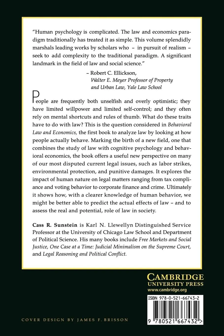 Rückseite: 9780521667432 | Behavioral Law and Economics | Cass R. Sunstein | Taschenbuch | 2008