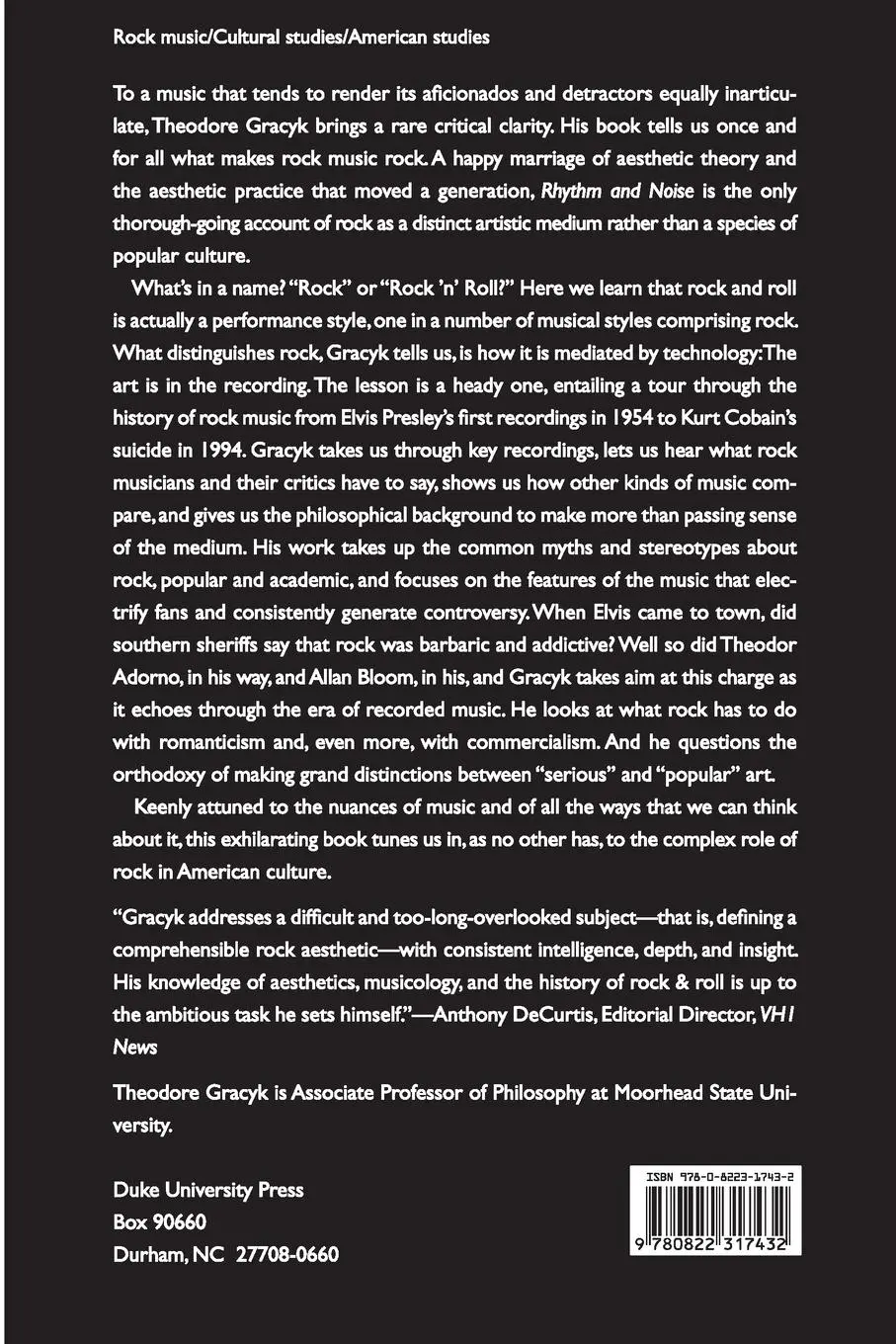 Rückseite: 9780822317432 | Rhythm and Noise | An Aesthetics of Rock | Theodore Gracyk | Buch