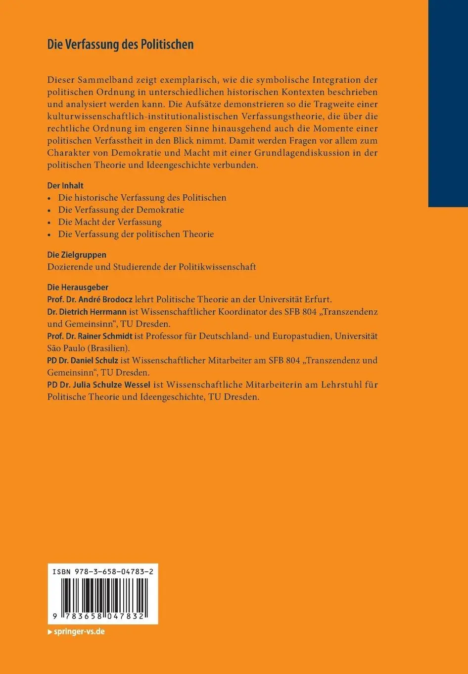 Rückseite: 9783658047832 | Die Verfassung des Politischen | Festschrift für Hans Vorländer | Buch