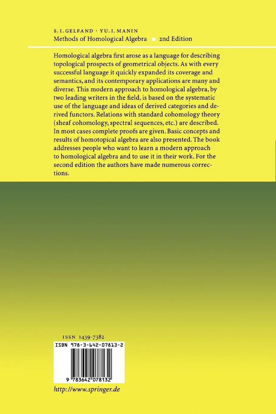 Rückseite: 9783642078132 | Methods of Homological Algebra | Yuri I. Manin (u. a.) | Taschenbuch