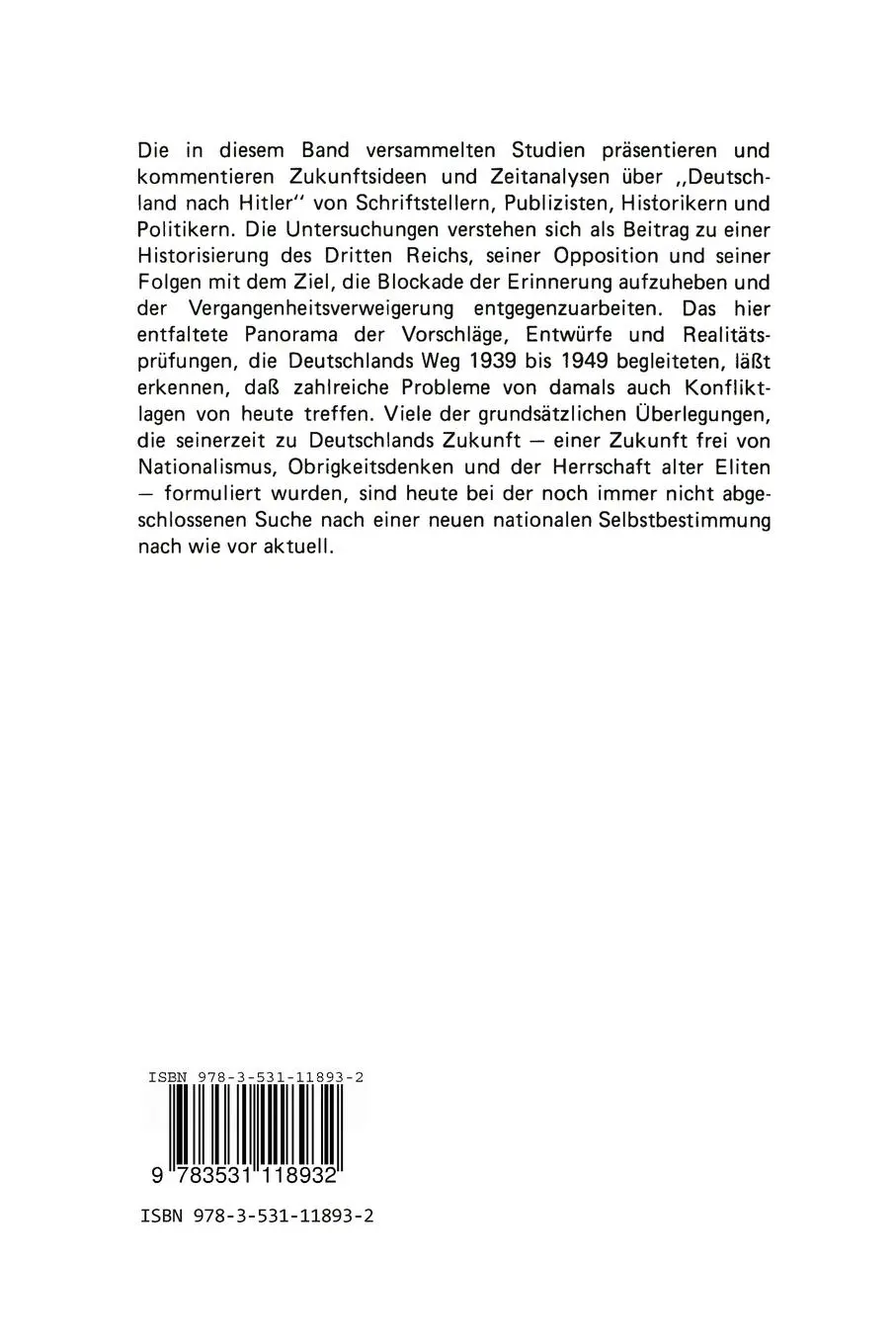 Rückseite: 9783531118932 | Deutschland nach Hitler | Thomas Koebner (u. a.) | Taschenbuch | 1987