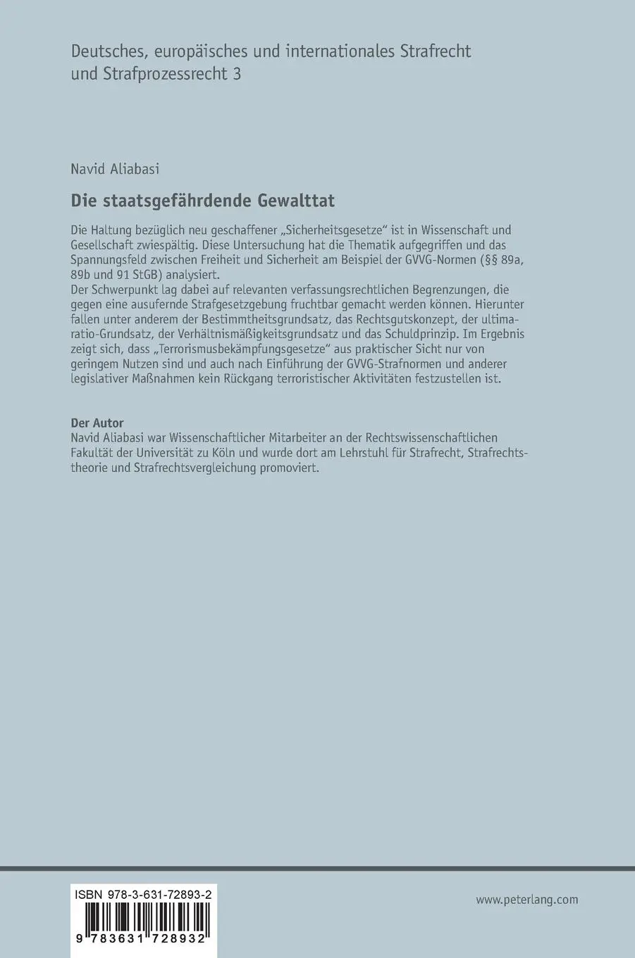 Rückseite: 9783631728932 | Die staatsgefährdende Gewalttat | Navid Aliabasi | Buch | 392 S.
