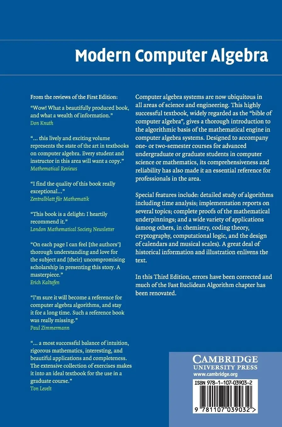 Rückseite: 9781107039032 | Modern Computer Algebra | Joachim von zur Gathen (u. a.) | Buch | 2017
