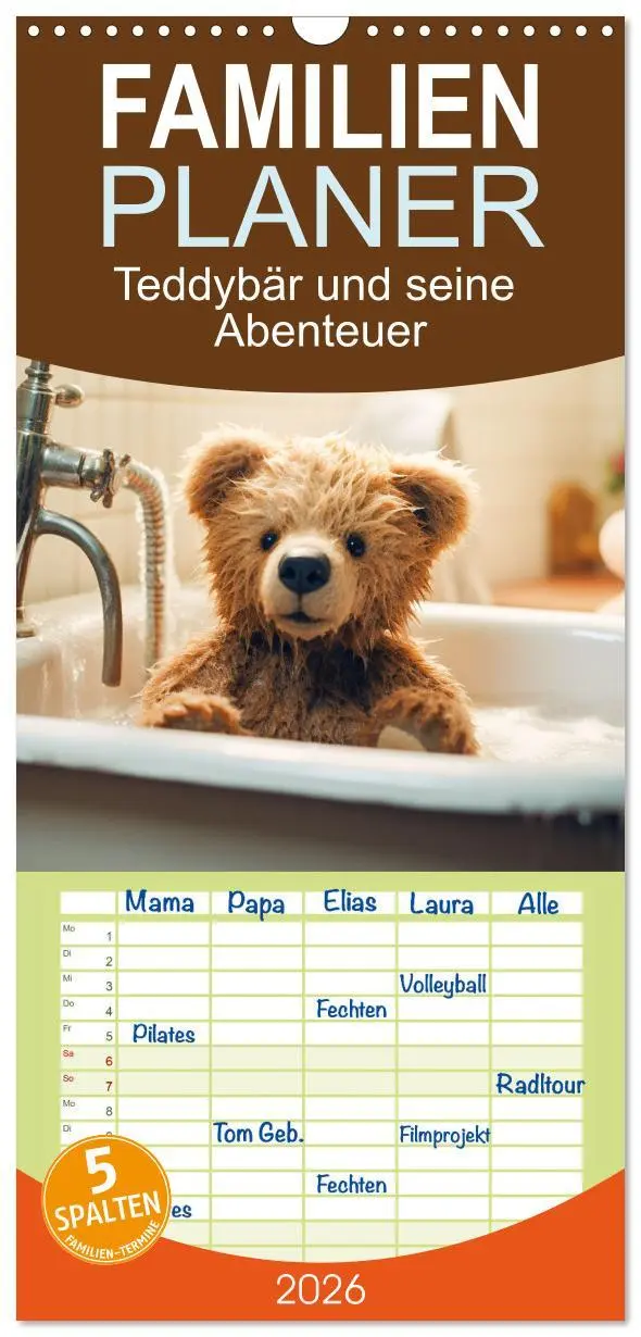 Cover: 9783516499032 | Familienplaner 2026 - Teddybär und seine Abenteuer mit 5 Spalten...