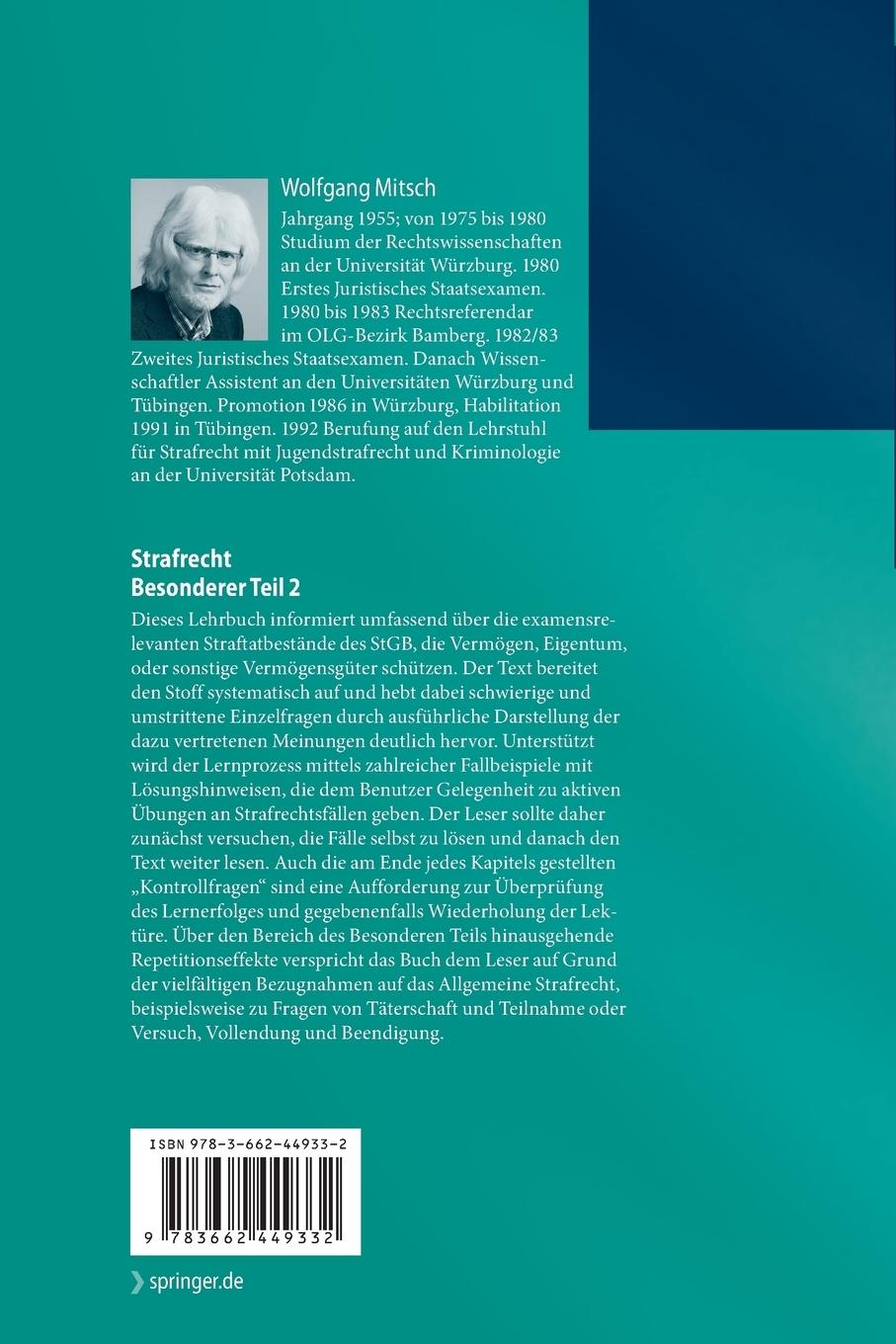 Rückseite: 9783662449332 | Strafrecht, Besonderer Teil 2 | Vermögensdelikte | Wolfgang Mitsch