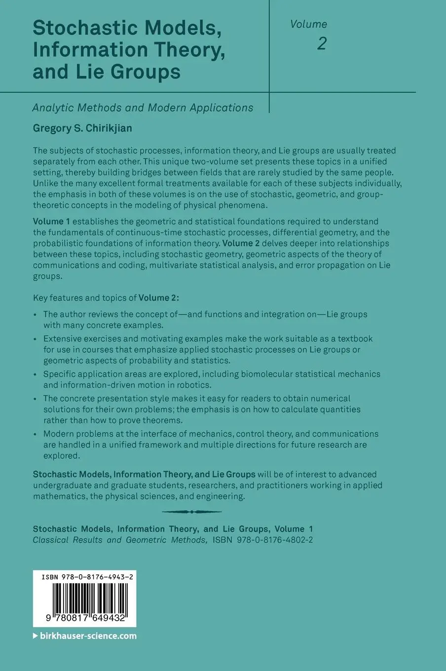 Rückseite: 9780817649432 | Stochastic Models, Information Theory, and Lie Groups, Volume 2 | Buch