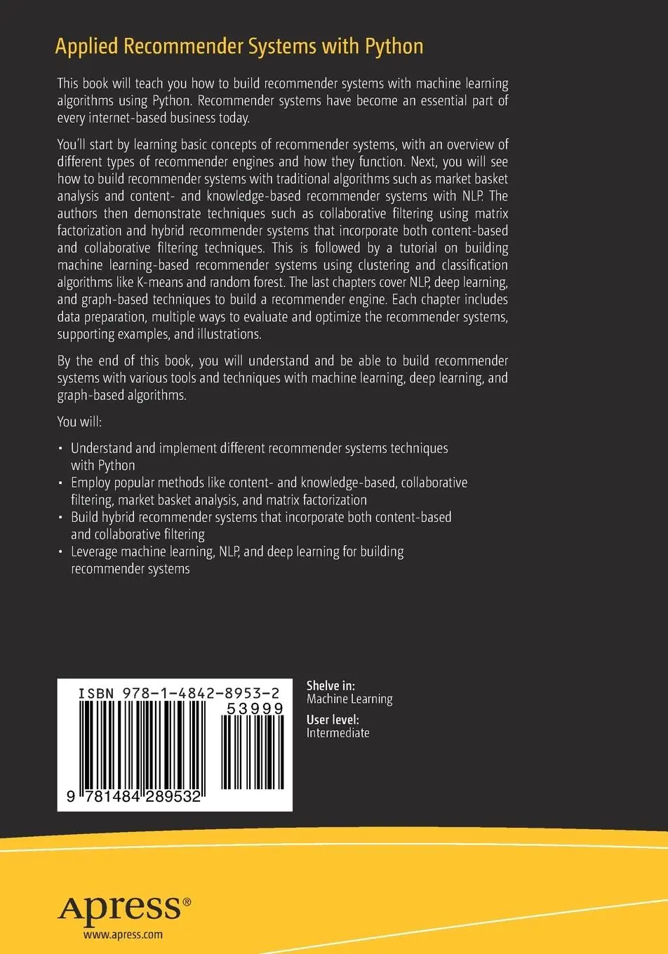 Rückseite: 9781484289532 | Applied Recommender Systems with Python | Akshay Kulkarni (u. a.) Rückseite: 9781484289532 | Applied Recommender Systems with Python | Akshay Kulkarni (u. a.)