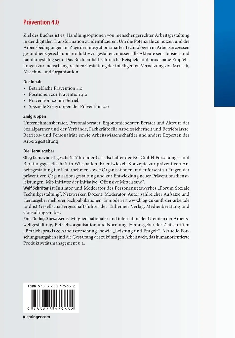 Rückseite: 9783658179632 | Prävention 4.0 | Oleg Cernavin (u. a.) | Taschenbuch | xiii | Deutsch