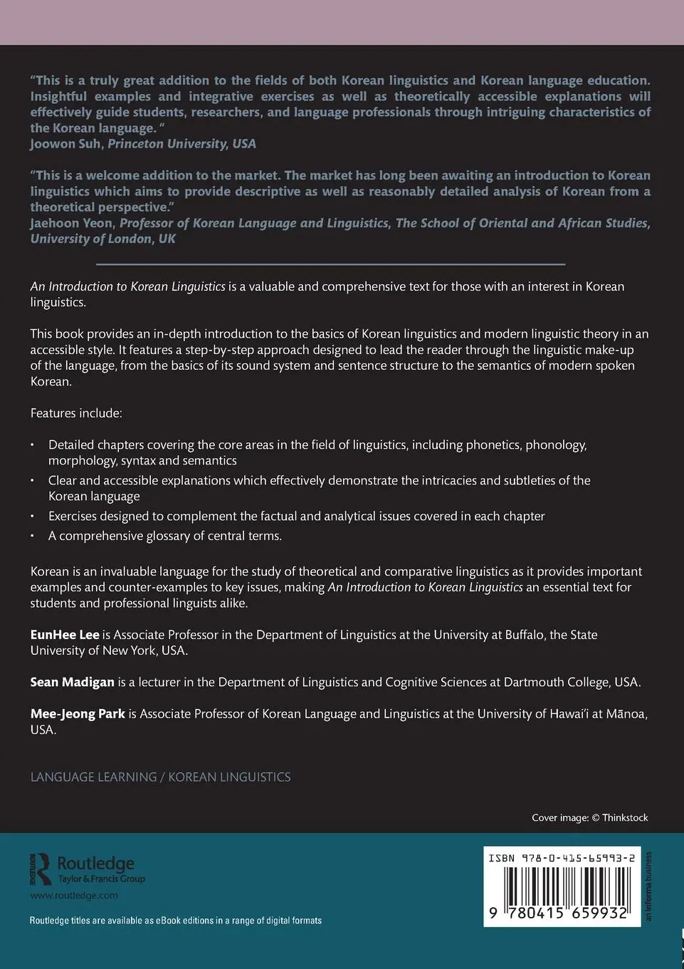 Rückseite: 9780415659932 | An Introduction to Korean Linguistics | Eunhee Lee (u. a.) | Buch