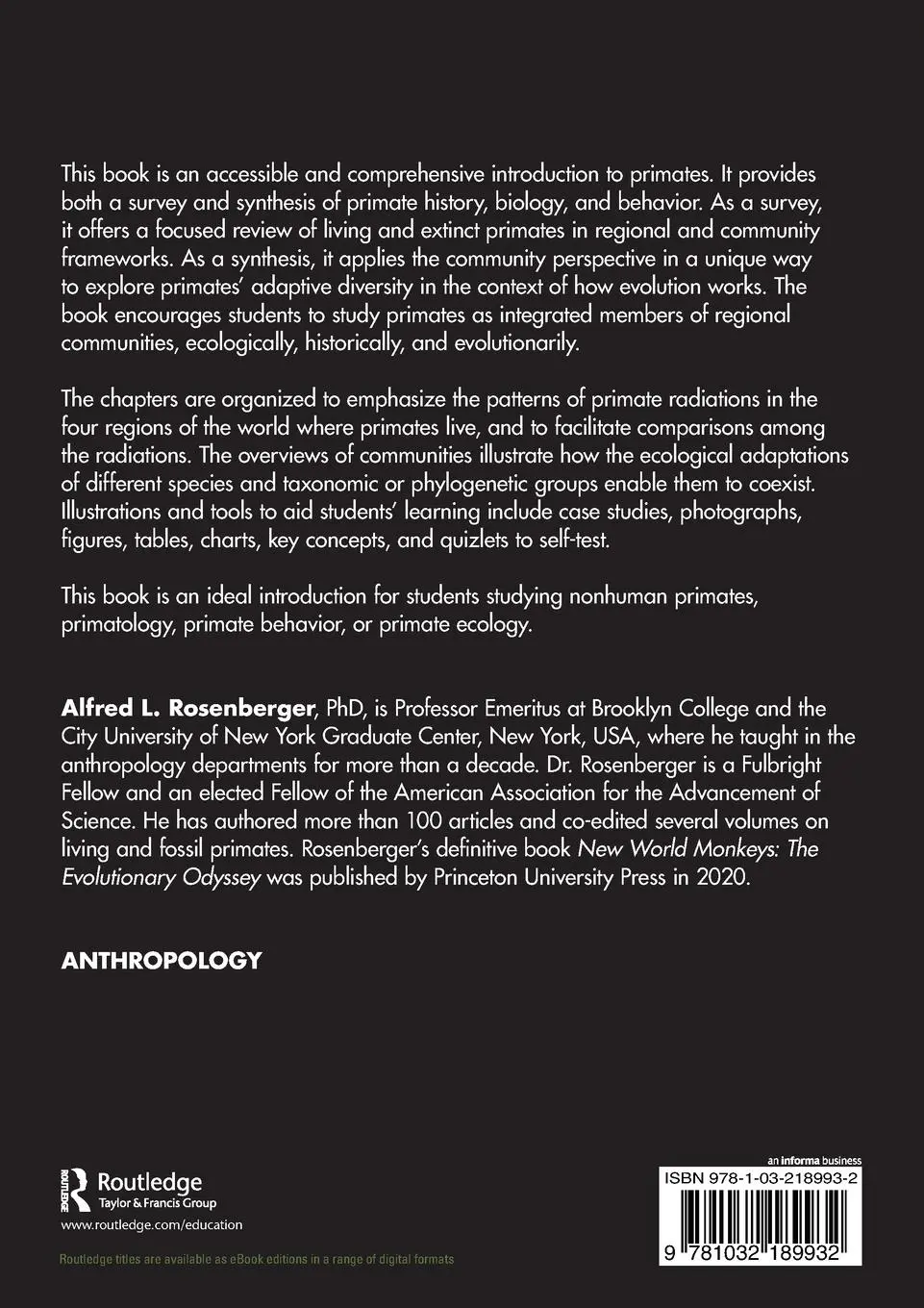 Rückseite: 9781032189932 | Primates | An Introduction | Alfred L. Rosenberger | Taschenbuch