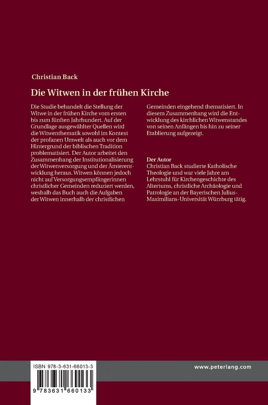 Rückseite: 9783631660133 | Die Witwen in der frühen Kirche | Christian Back | Buch | 334 S.
