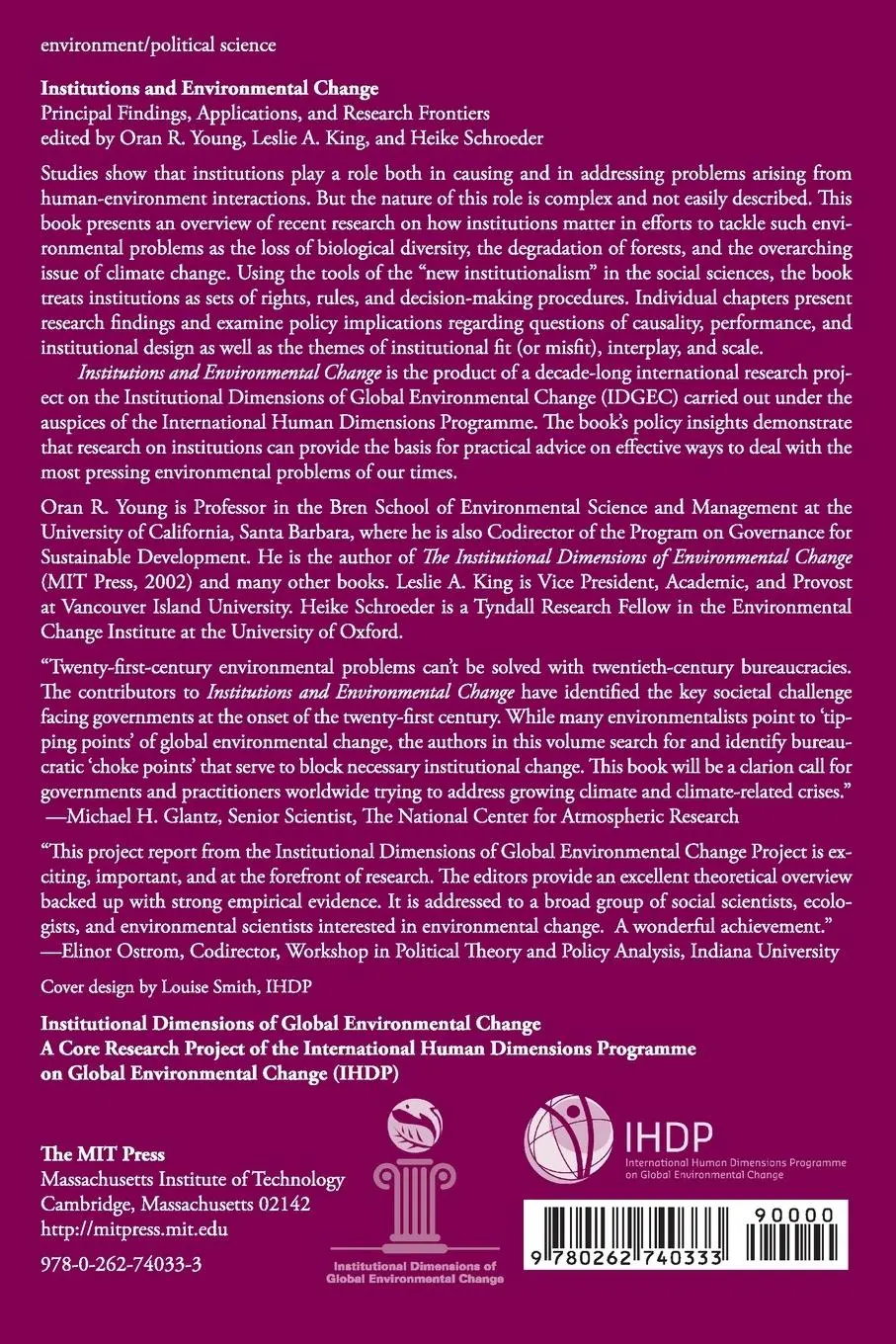 Rückseite: 9780262740333 | Institutions and Environmental Change | Oran R. Young (u. a.) | Buch