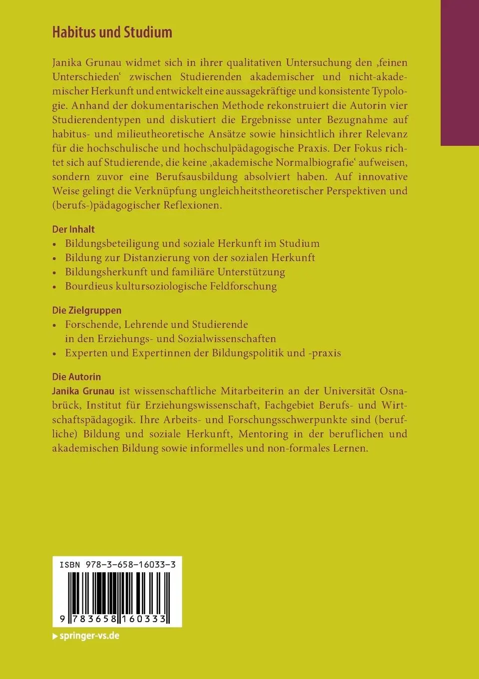 Rückseite: 9783658160333 | Habitus und Studium | Janika Grunau | Taschenbuch | xvii | Deutsch