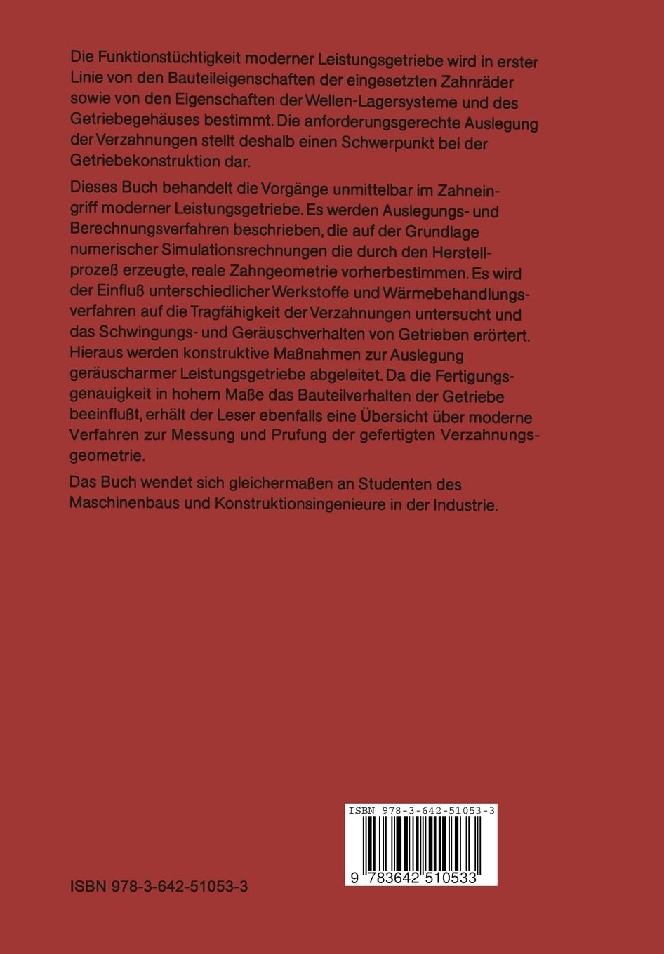 Rückseite: 9783642510533 | Moderne Leistungsgetriebe | Verzahnungsauslegung und Betriebsverhalten