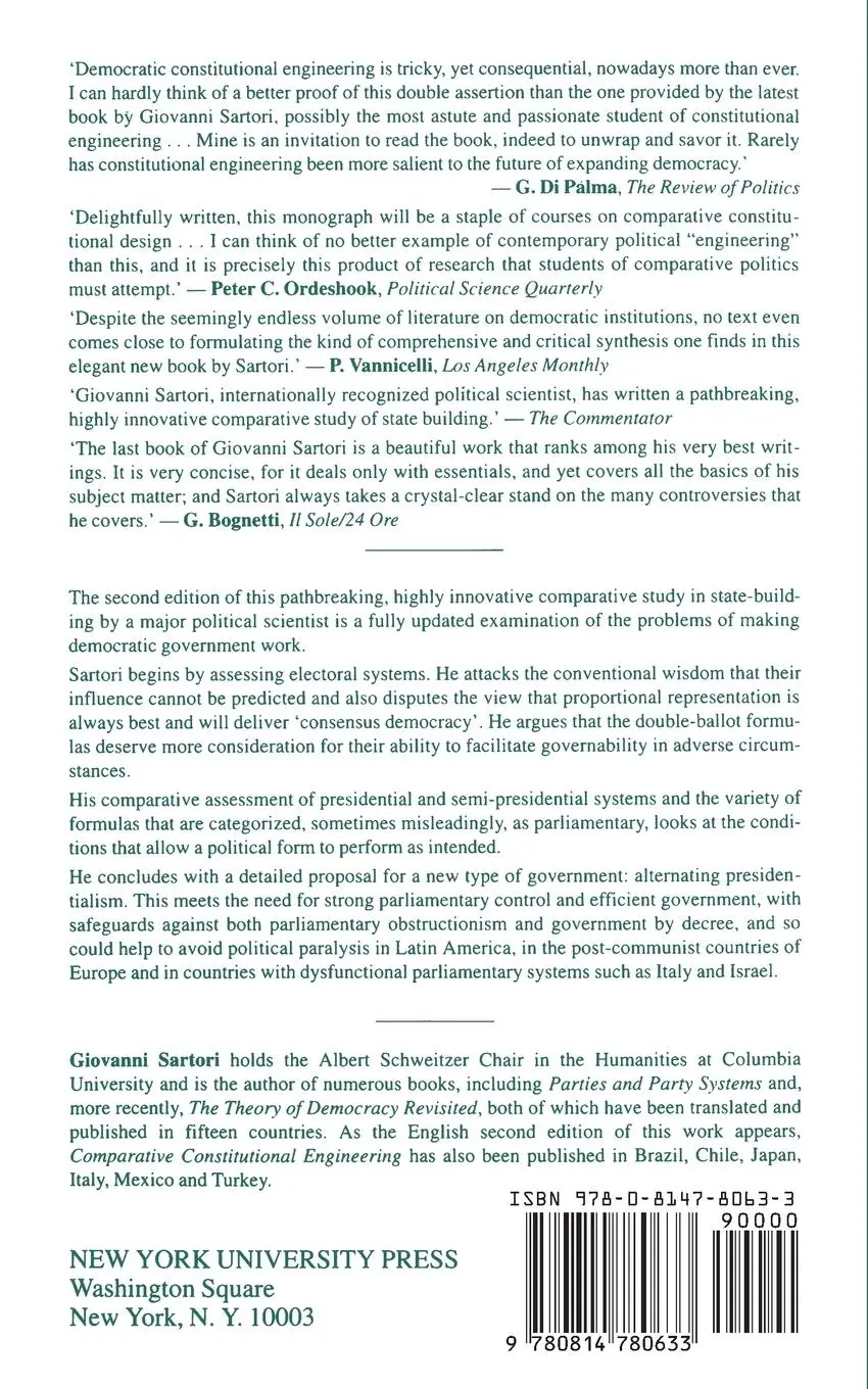 Rückseite: 9780814780633 | Comparative Constitutional Engineering (Second Edition) | Sartori
